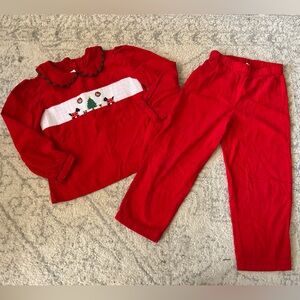 Maria Elena Girls Vtg Christmas Outfit Smocked Top Pants Scottie Dogs Peter Pan
